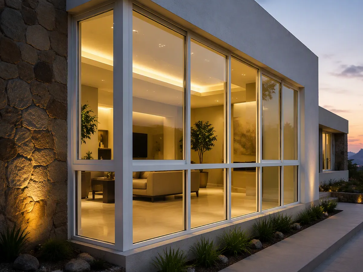 Fachada contemporánea con cancelería de PVC blanco de piso a techo iluminada al anochecer