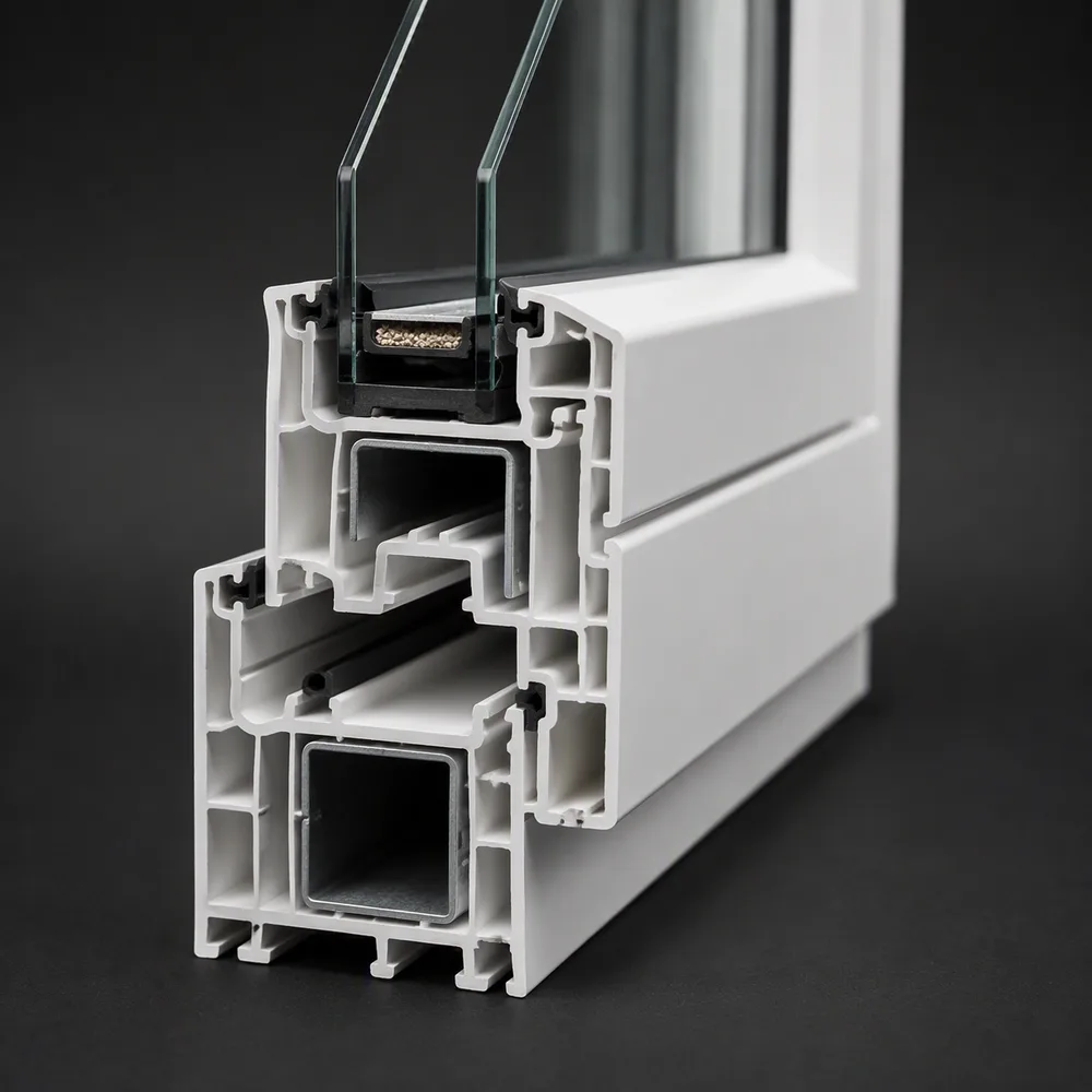 Corte transversal de un perfil de PVC multicámara blanco REHAU con doble vidrio y refuerzo interior de acero